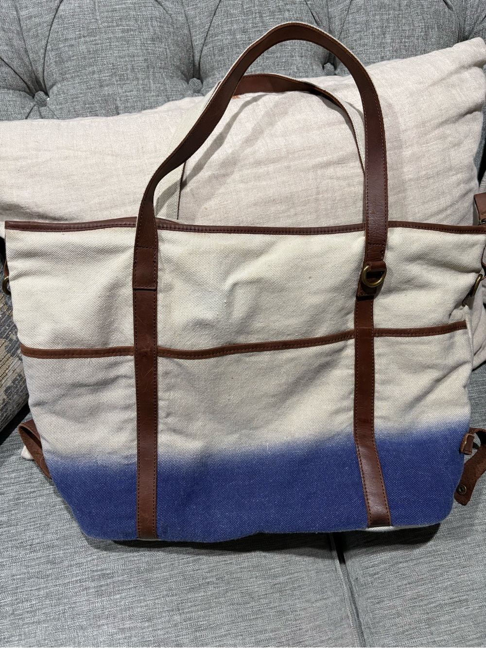 Jesslyn Blake Canvas Tote Bag with Brown Leather Trim - Blue and Cream